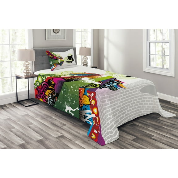 Ambesonne Teenager Quilted Bedspread Set 2 Pcs, Scater Boy Colorful, Twin Size, Multicolor