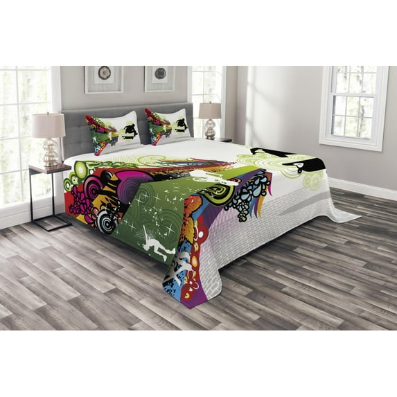 Ambesonne Teenager Quilted Bedspread Set 3 Pcs, Scater Boy Colorful, King Size, Multicolor