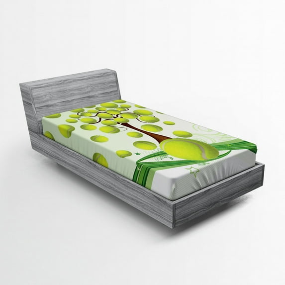 Ambesonne Tennis Fitted Sheet, Tennis Balls Pattern, Twin Size, Pale Green Brown White