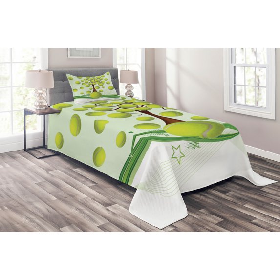 Ambesonne Tennis Quilted Coverlet 2 Pcs, Tennis Balls Pattern, Twin Size, Pale Green Brown White