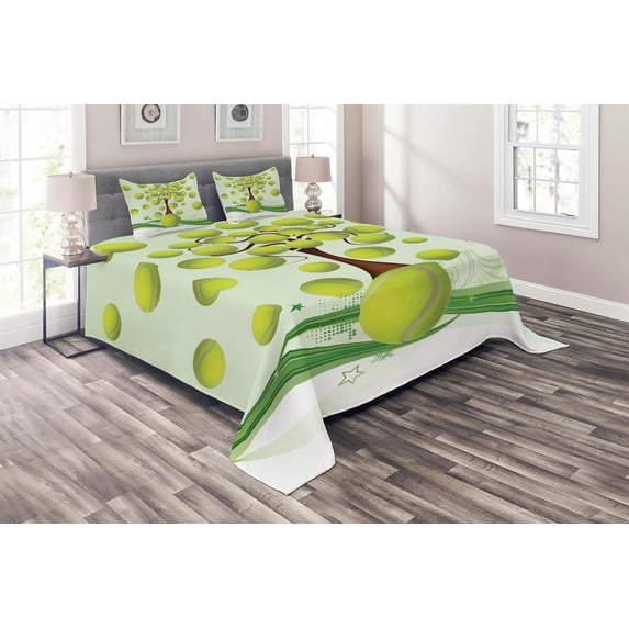 Ambesonne Tennis Quilted Coverlet 3 Pcs, Tennis Balls Pattern, King Size, Pale Green Brown White