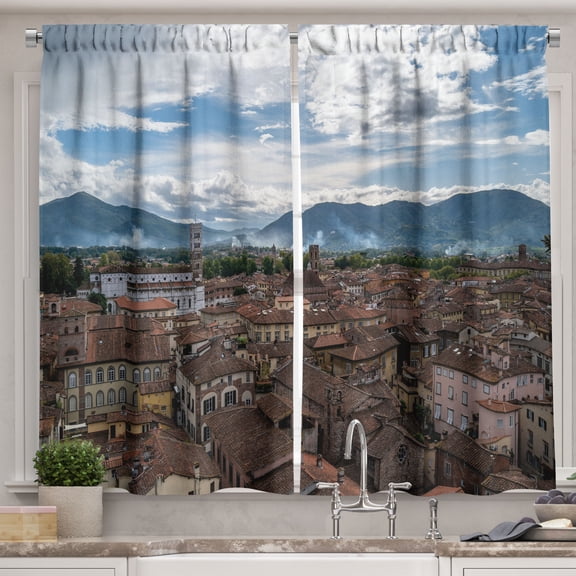 Ambesonne Terracotta Kitchen Curtains, Houses Mountains Clouds, 55"x24", Pale Slate Blue and Brown