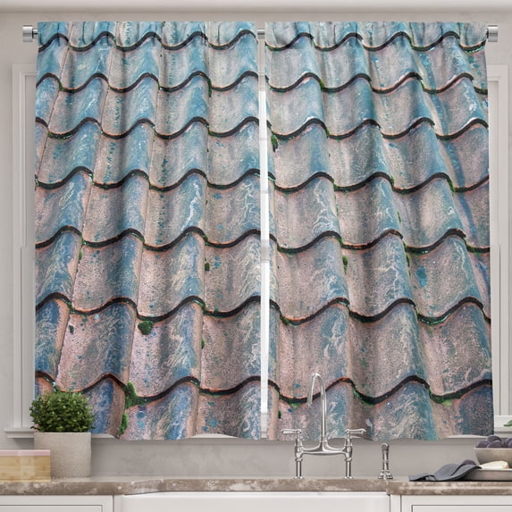 Ambesonne Terracotta Kitchen Curtains, Pantile Roof Tiles Print, 55"x36", Grey Yellow Pale Teal