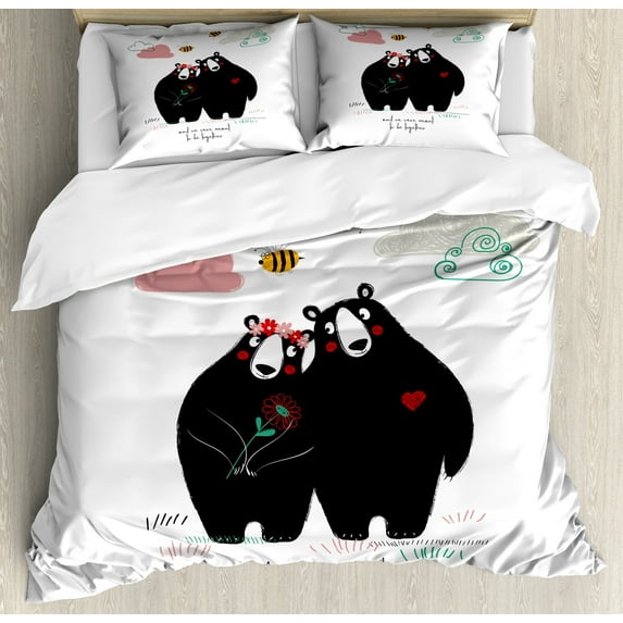 Ambesonne Text Duvet Cover Sets, Romantic Bears Couple in Love, 2-Queen, White Multicolor
