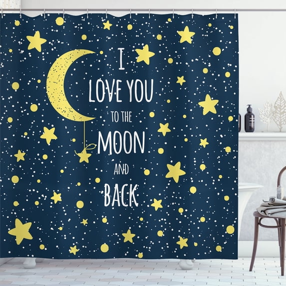 Ambesonne Text Shower Curtain, Romantic Text Moon Star, 69"Wx75"L, Blue Yellow