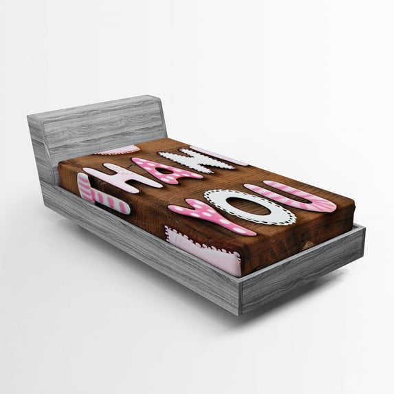 Ambesonne Thank You Fitted Sheet, Rustic Cookie Letters, Twin Size, White Brown and Pink