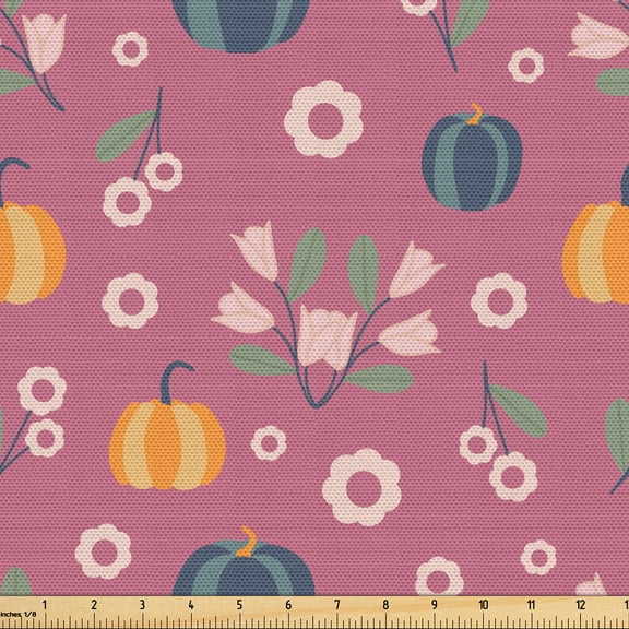 Ambesonne Thanksgiving Fabric by the Yard Upholstery, Autumn Colored Flowers, 1 Yard, Dried Rose Purpleblue