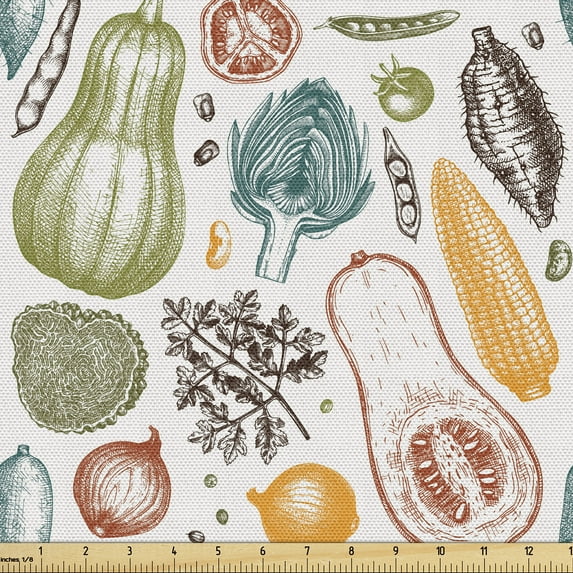 Ambesonne Thanksgiving Fabric by the Yard Upholstery, Corn Onion Tomato Art, 10 Yards, Olive Green Petrol Blue