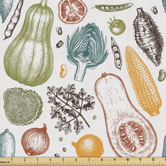 Ambesonne Thanksgiving Fabric by the Yard Upholstery, Corn Onion Tomato Art, 5 Yards, Olive Green Petrol Blue