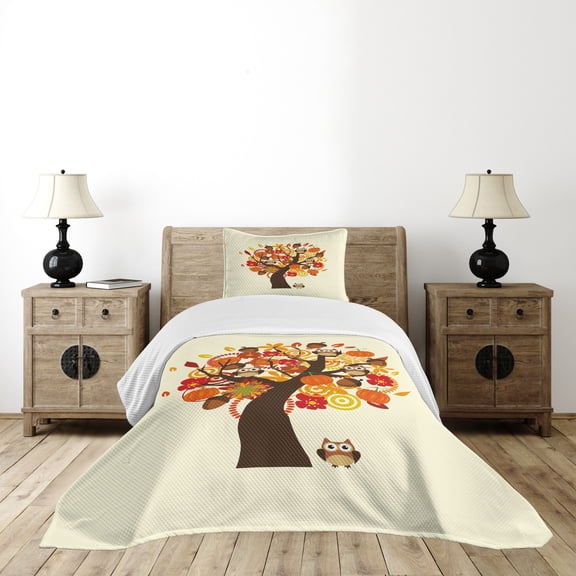 Ambesonne Thanksgiving Quilted Bedspread Set 2 Pcs, Abstract Tree, Twin Size, Multicolor