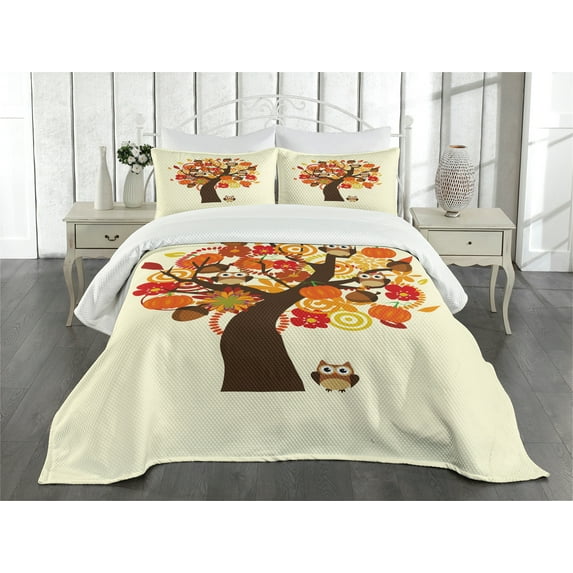 Ambesonne Thanksgiving Quilted Bedspread Set 3 Pcs, Abstract Tree, King Size, Multicolor