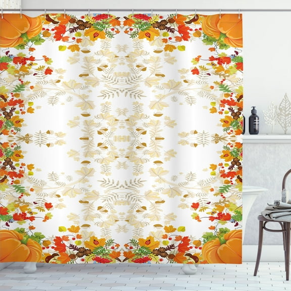 Ambesonne Thanksgiving Shower Curtain, Maple Leaf Woods, 69"Wx70"L, White Yellow Orange