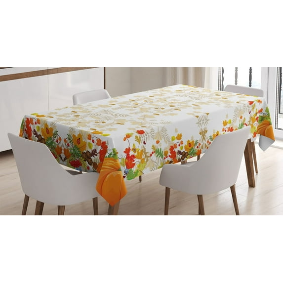 Ambesonne Thanksgiving Tablecloth Rectangular Table Cover, Maple Leaf Woods, 60"x84", White Yellow Orange