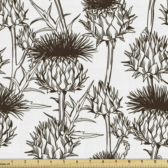 Ambesonne Thistle Fabric by the Yard Upholstery, Silhouette Pattern, 2 Yards, Brown and White