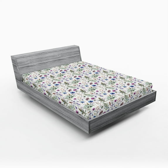 Ambesonne Thistle Fitted Sheet 2 Pcs Set, Watercolor Wildflowers, Full, Multicolor
