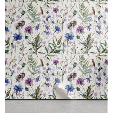 Ambesonne Thistle Peel & Stick Wallpaper for Home, Watercolor Wildflowers, 13"x72", Multicolor