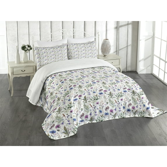Ambesonne Thistle Quilted Bedspread Set 3 Pcs, Watercolor Wildflowers, Queen Size, Multicolor