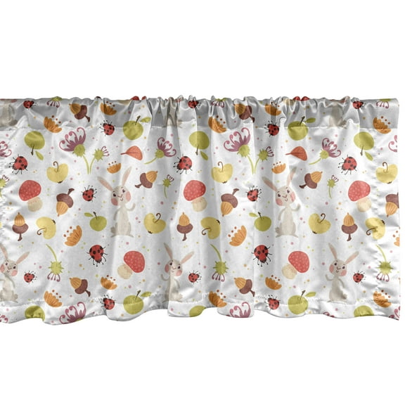 Ambesonne Thistle Window Valance, Cartoon Forest Elements Composition with Ladybug Rabbit Mushroom Leaf and Apple, Curtain Valance for Kitchen Bedroom Decor with Rod Pocket, 54" X 12", Multicolor