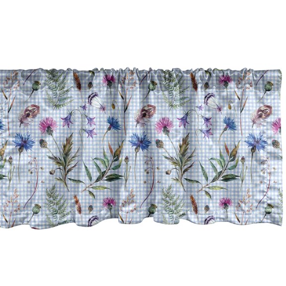 Ambesonne Thistle Window Valance, Spring Themed Various Species of Floral Motifs on Checkered Pattern Background, Curtain Valance for Kitchen Bedroom Decor with Rod Pocket, 54" X 18", Multicolor