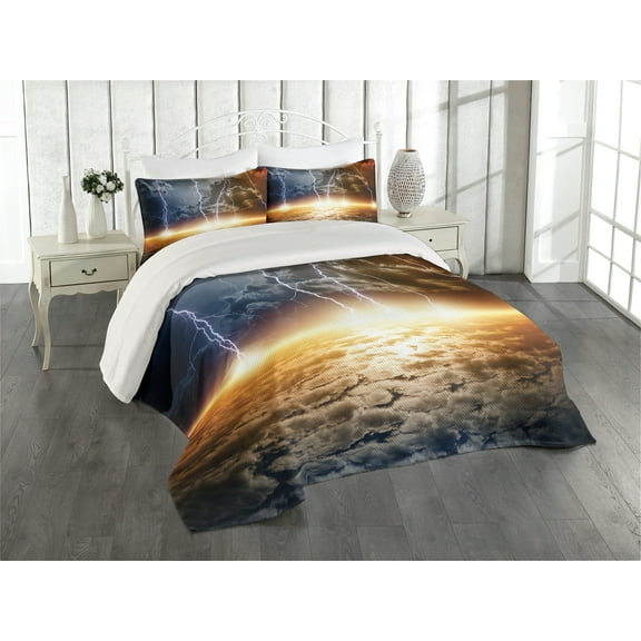 Ambesonne Thunder Quilted Coverlet 3 Pcs, Clouds with Bolts, King Size, Multicolor
