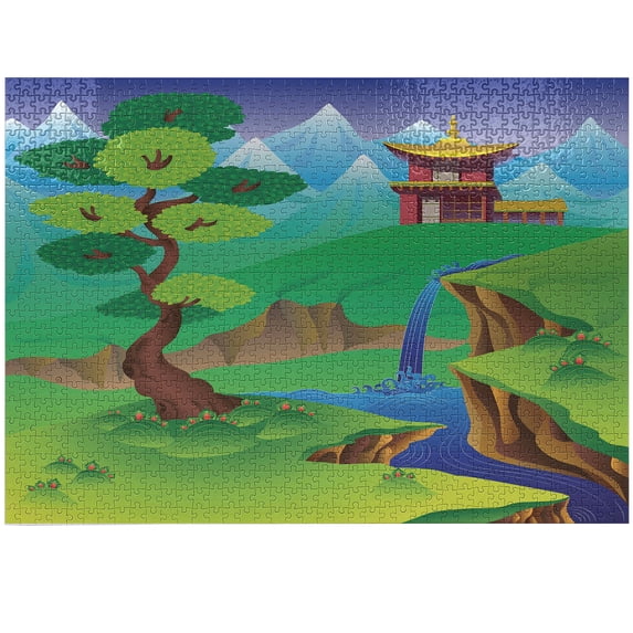 Ambesonne Tibetan Jigsaw Puzzle Durable Cardboard, Cartoon Chinese Forest, 1000 pcs, Multicolor