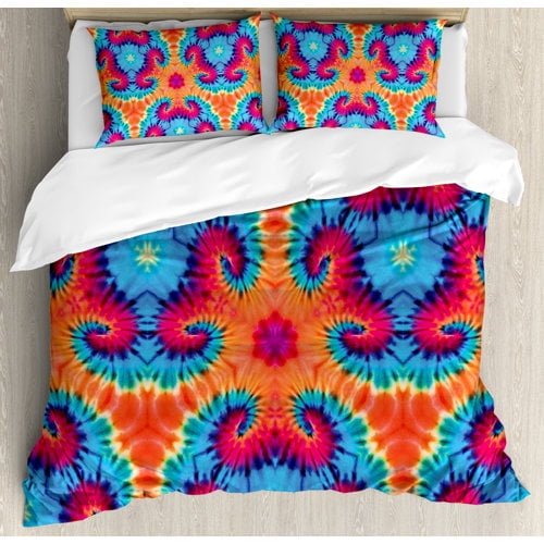 Ambesonne Tie Dye Spiritual Ikat with Hallucinatory Concentric Fractal Weird Creepy Reflection Duvet Cover Set