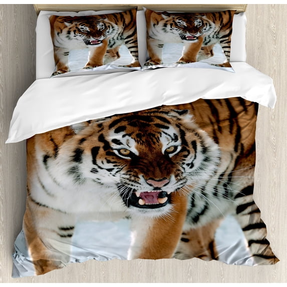 Ambesonne Tiger Duvet Cover Set, Siberian Predator Feline, 2-Calking, Pale Brown Black