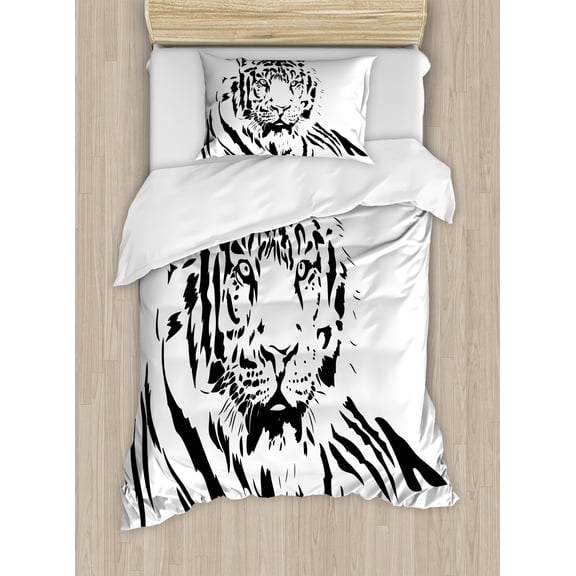Ambesonne Tiger Duvet Cover Sets, Black Outline Hunter Cat, 2-Twin, Black