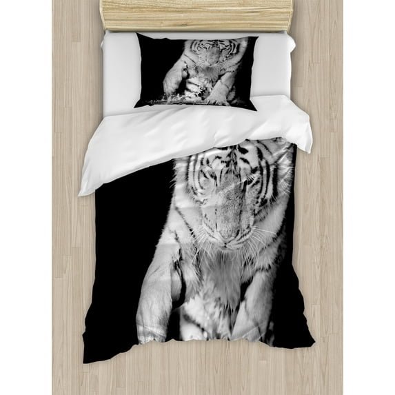Ambesonne Tiger Duvet Cover Sets, Large Cat Plays in Water, 2-Twin, Black Pale Grey