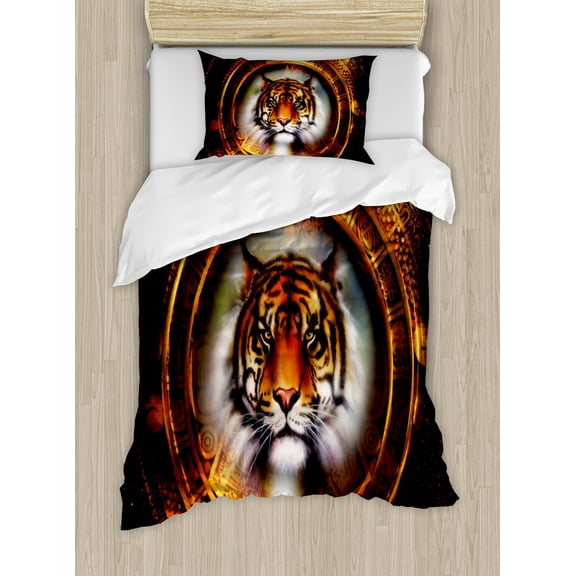 Ambesonne Tiger Duvet Cover Sets, Mayan Calender, 2-Twin, Dark Orange Black