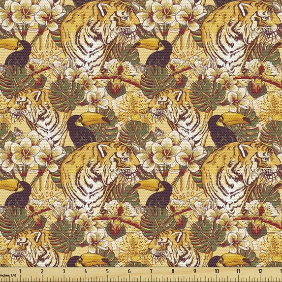 Ambesonne Tiger Fabric by the Yard Upholstery, Tropical Bengal Toucan, 3 Yards, Earth Yellow Dark Blue