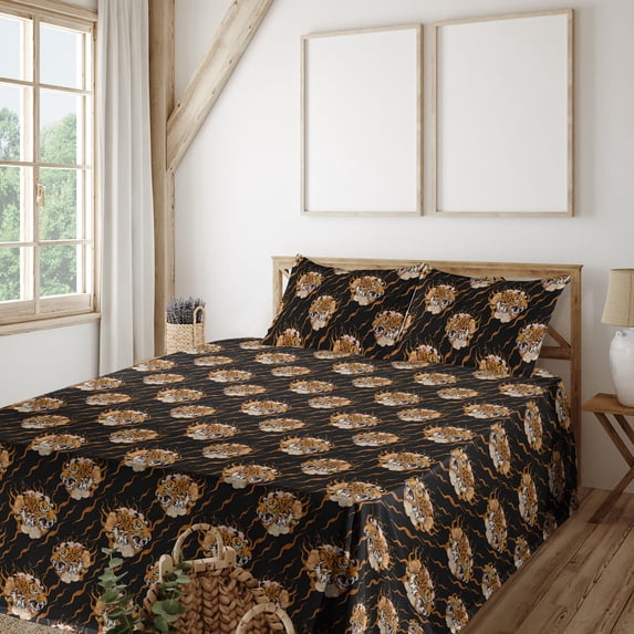 Ambesonne Tiger Fitted & Flat Sheet with Sham 3 Pcs Set, Asian Animal Pattern Ethno, Twin XL, Charcoal Grey and Apricot