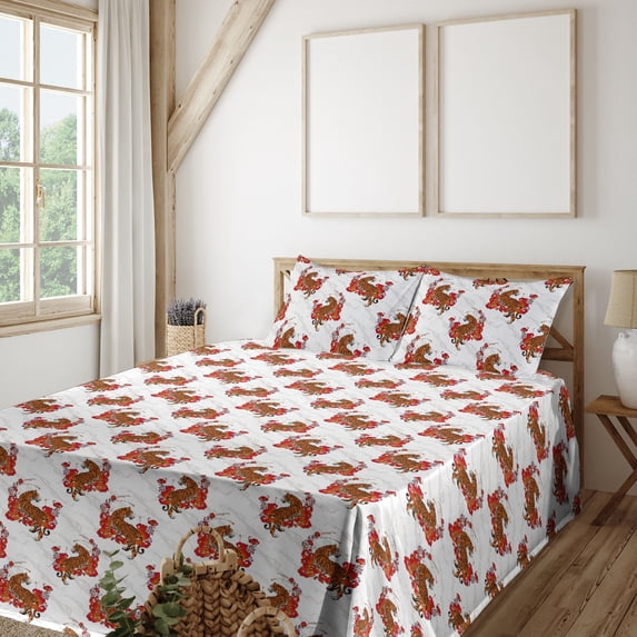 Ambesonne Tiger Fitted & Flat Sheet with Sham 3 Pcs Set, Asian Animal Swirly Pattern, Twin, Burnt Orange Vermilion