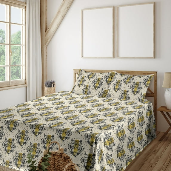 Ambesonne Tiger Fitted & Flat Sheet with Sham 3 Pcs Set, Wild Cat of Tropical Jungle, Twin XL, Cream Mustard Dark Grey