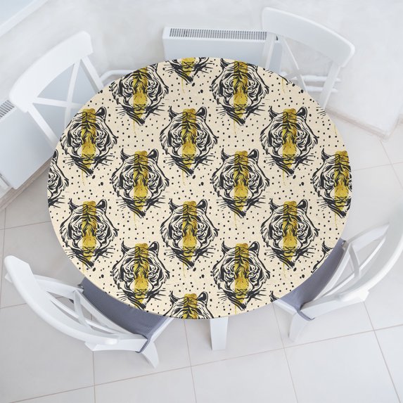 Ambesonne Tiger Fitted Round Tablecloth, Wild Cat of Tropical Jungle, 45"- 56" Diameter, Cream Mustard Dark Grey