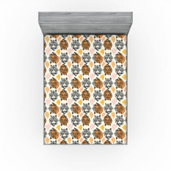 Ambesonne Tiger Fitted Sheet, Exotic Wild Heads Geometric, Queen Size, Ivory Orange Rose
