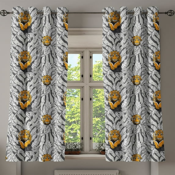 Ambesonne Tiger Grommet Curtain, Wild Cat Life Artwork Exotic, 50"x60", Grey and Pale Orange