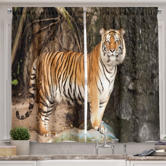 Ambesonne Tiger Kitchen Curtains, Alert Angry Royal Feline, 55"x39", Multicolor