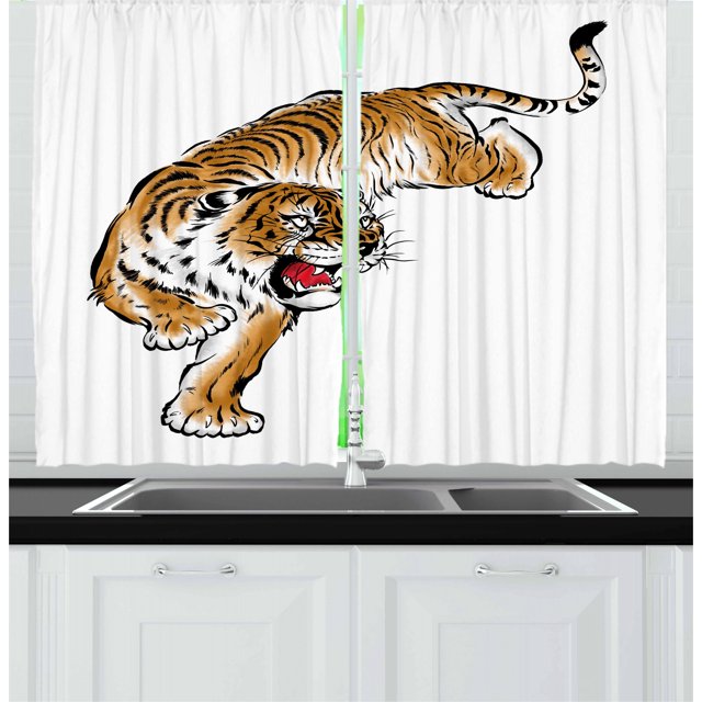 Ambesonne Tiger Kitchen Curtains, Japanese Hand Drawn, 55"x45", Black