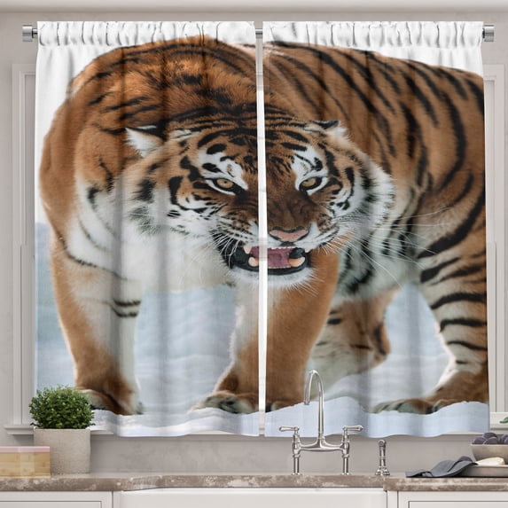 Ambesonne Tiger Kitchen Curtains, Siberian Predator Feline, 55"x39", Pale Brown Black