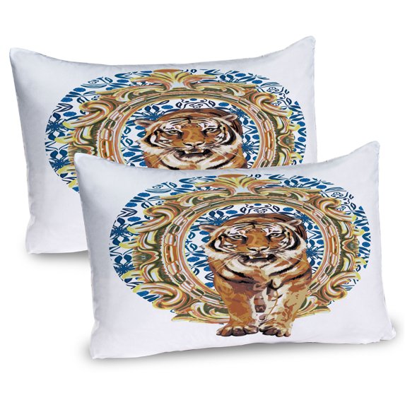 Ambesonne Tiger Pillow Sham 2 Pack, Japanese Exotic Adventure, 36"x20", Royal Blue Pale Brown