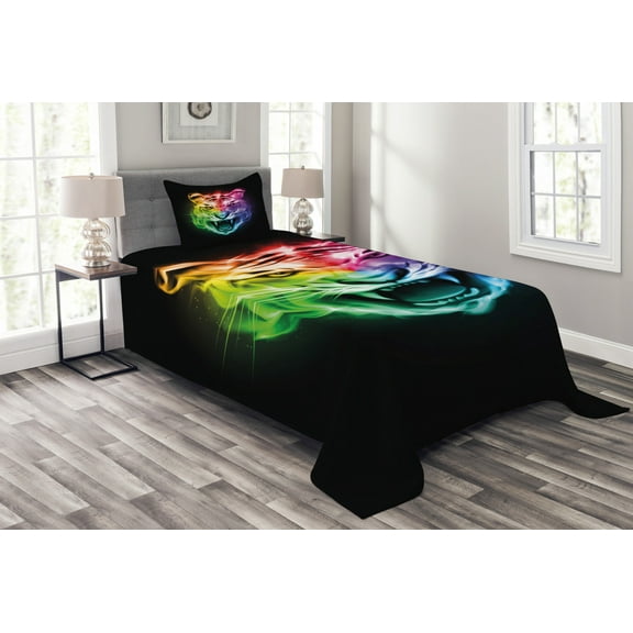 Ambesonne Tiger Quilted Bedspread Set 2 Pcs, Abstract Feline Colorful, Twin Size, Multicolor