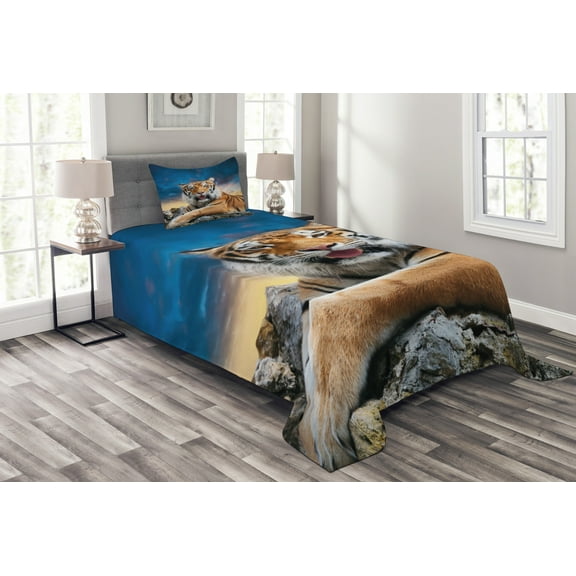 Ambesonne Tiger Quilted Bedspread Set 2 Pcs, Calm Wild Animal Sunset, Twin Size, Multicolor