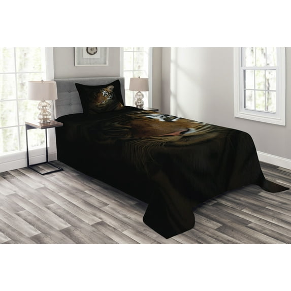 Ambesonne Tiger Quilted Bedspread Set 2 Pcs, King of Sundarbans, Twin Size, Dark Orange Black