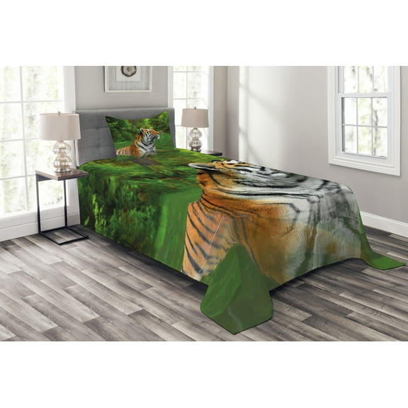Ambesonne Tiger Quilted Bedspread Set 2 Pcs, Siberian Wild Cat in Lake, Twin Size, Fern Green Pale Brown
