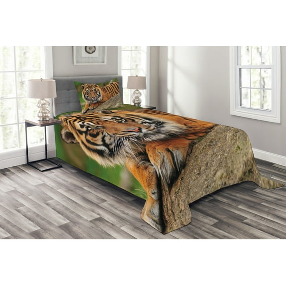 Ambesonne Tiger Quilted Bedspread Set 2 Pcs, Tiger Crouching on Rock, Twin Size, Multicolor