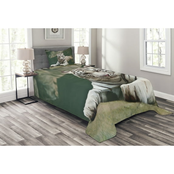 Ambesonne Tiger Quilted Bedspread Set 2 Pcs, White Tiger Swimming Fun, Twin Size, Teal White