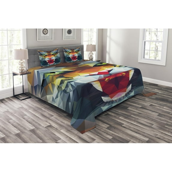 Ambesonne Tiger Quilted Bedspread Set 3 Pcs, Abstract Portrait Animal, King Size, Multicolor