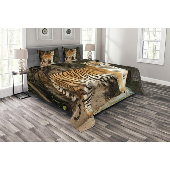 Ambesonne Tiger Quilted Bedspread Set 3 Pcs, Alert Angry Royal Feline, Queen Size, Multicolor