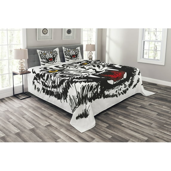 Ambesonne Tiger Quilted Bedspread Set 3 Pcs, Angry Feline Vivid Eyes, King Size, Black Red Yellow
